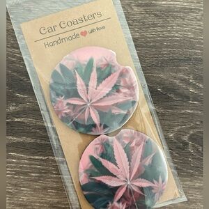 Pink and Green Leaf Car Coasters
